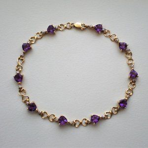 Vintage Designer Solid 10K Yellow Gold Amethyst Heart Tennis BRACELET 7 3/4"